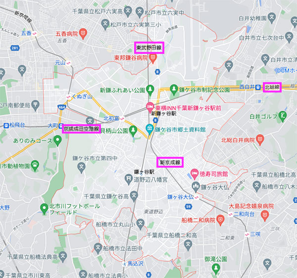 鎌ヶ谷市の鉄道乗り入れマップ
