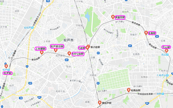 松戸市の新京成線の前８駅マップ