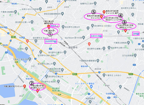 習志野市駅を中心とした大学マップ