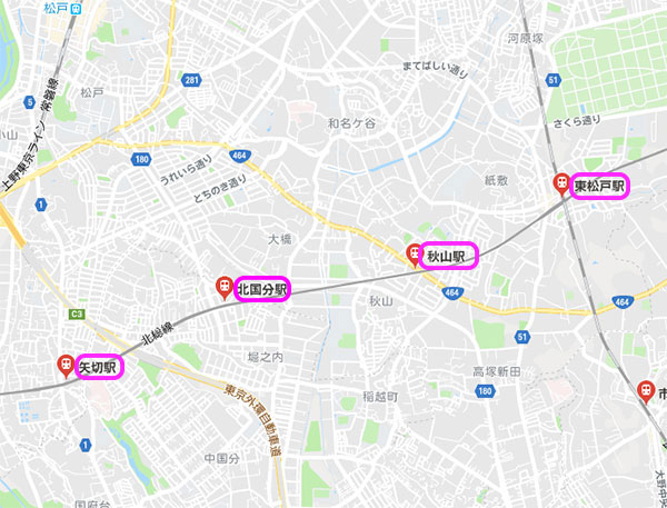松戸を通る、北総線の4つの駅マップ
