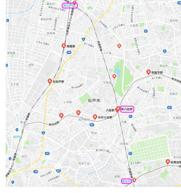 松戸を通る、武蔵野線の3つの駅マップ