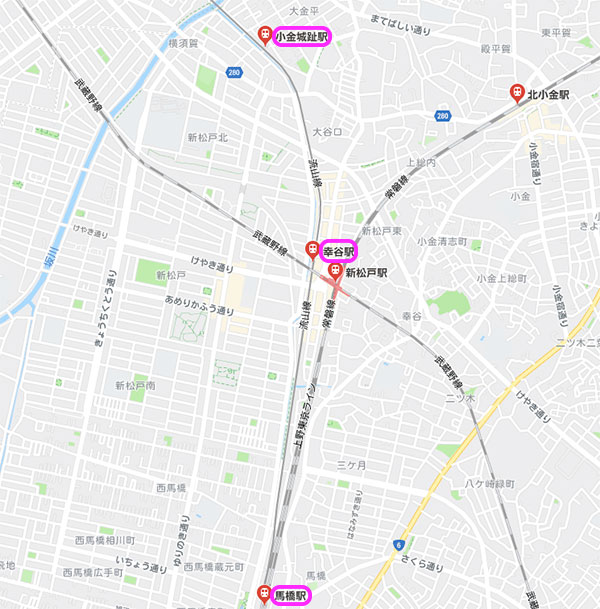 松戸を通る、流鉄流山線の3駅マップ